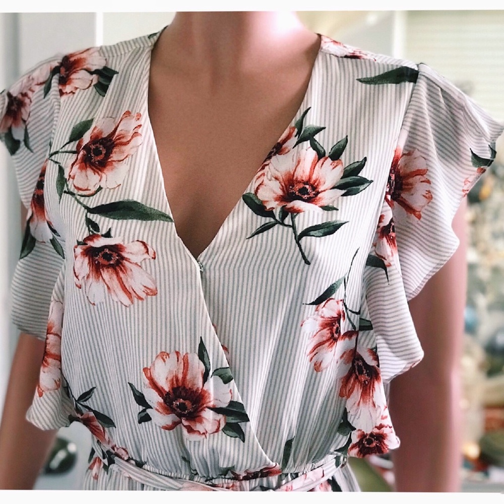 Ruffle Sleeve Floral Striped Surplice Dress - Picture 6 of 9